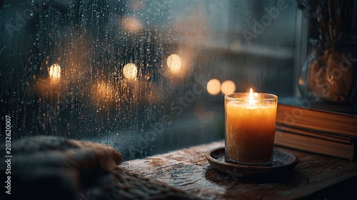 Cozy Candlelit Scene with Rainy Window View and Glowing Lights in a Warm Indoor Setting