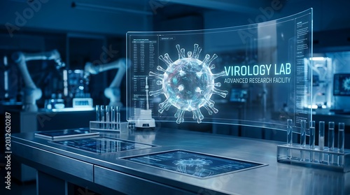 A futuristic virology lab with holographic display showing virus model in an advanced research facility with laboratory equipment and test tubes.