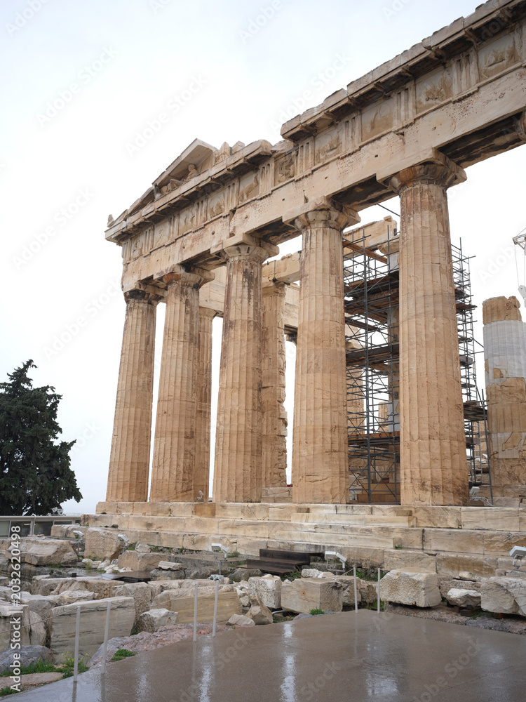 Fototapeta premium Greece, Athens. Classical Greek temple with stone columns, ancient architecture, historic landmark, cultural heritage, iconic travel destination.