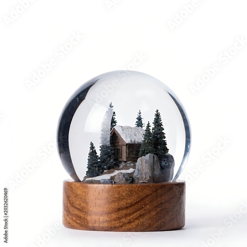 Snow globe with a miniature cabin and pine trees isolated on white