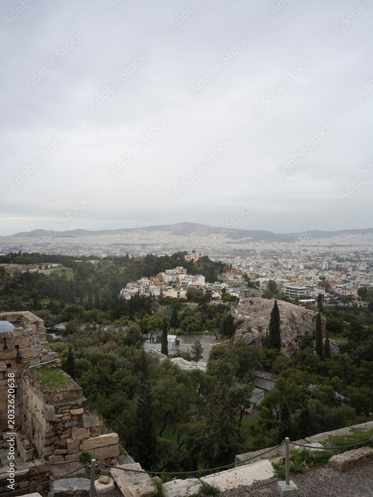 Naklejka premium Greece, Athens. Panoramic city view from a hillside, urban landscape, scenic travel destination, architecture skyline, European tourism.