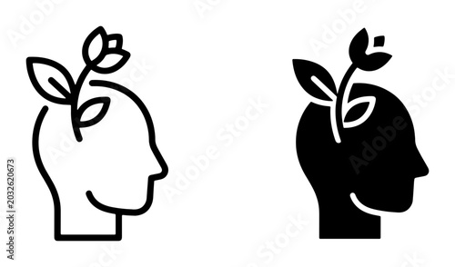 Photos Growth Mindset Icons, Human Head Silhouette with Plant Sprout, Personal Developm
