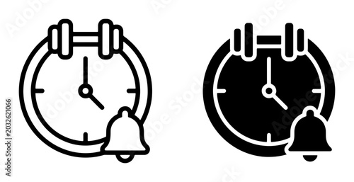 Tableau sur toile Time Management Icons: Clock with Bell Alarm Symbol, Outline and Solid Styles, V