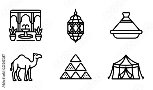 Obraz na płótnie Moroccan Icons: Camel, Tent, Lantern, Fountain, Tagine, Food Set