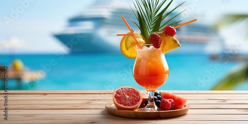 Tropical cocktail on wooden beach table with copy space, blurred cruise ship and Caribbean sea in the background, summer vacation concept image with copy space