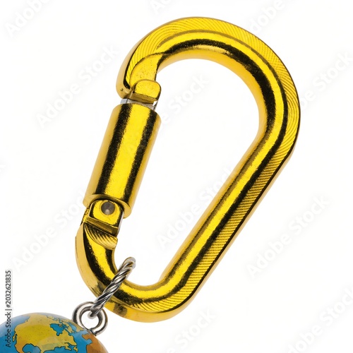 Golden carabiner keychain with a small globe charm