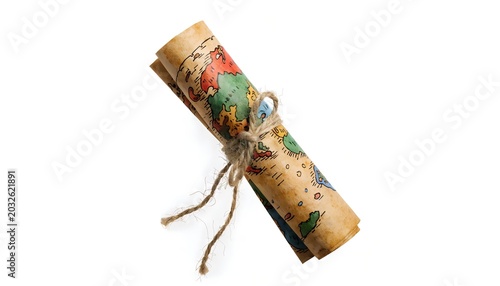 Old vintage treasure map scroll tied with twine isolated on white background