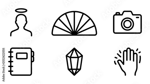 Minimalist Icon Set: Angel, Fan, Camera, Notebook, Crystal, High Five, Vector Graphics