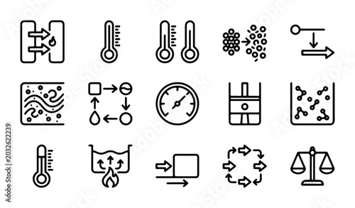 Thermodynamics Science Icons, Heat Transfer, Temperature Measurement, State Changes, 15 Vector Elements
