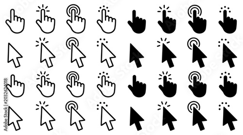 Collection of diverse cursor icons representing digital interaction and selection, useful for web design and UI elements