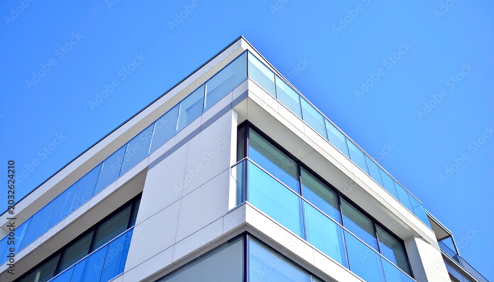 Obraz premium Side perspective of modern building corner with sky background, architectural detail. Clean real estate visual.