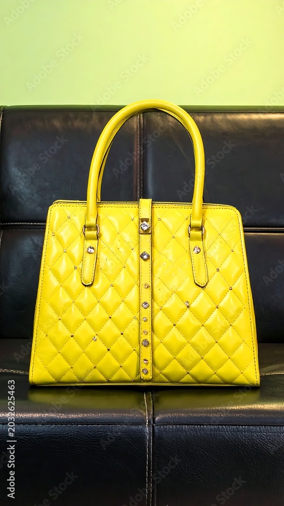 Naklejka premium Yellow luxury handbag on black leather.
