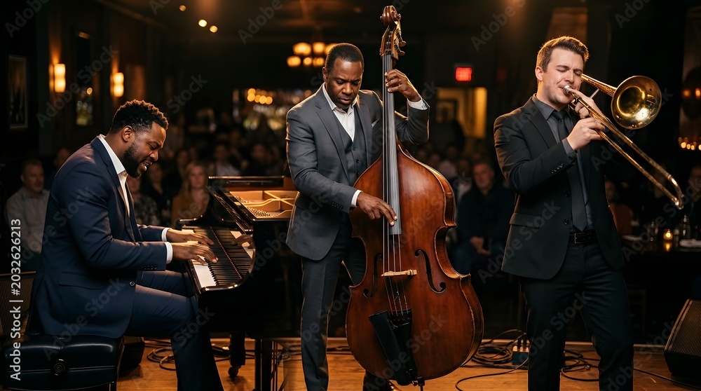 Fototapeta premium Jazz band performance with musician playing upright bass