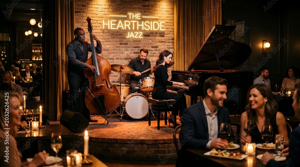 Fototapeta premium Live jazz band performance and intimate restaurant nightlife ambiance