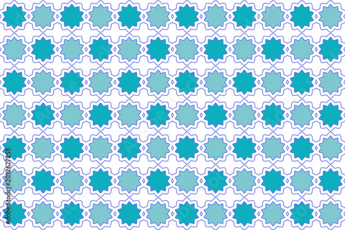 Seamless Islamic geometric pattern with blue floral star motifs, interlocking ornamental outlines.