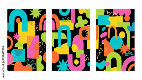 Abstract seamless pattern set with colorful geometric shapes and doodle elements on a black background
