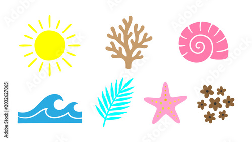 Set of cute summer beach icons including yellow sun blue wave pink seashell palm leaf starfish and tropical flowers
