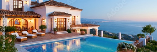 Spanish luxury villa with infinity pool overlooking the mediterranean coastline at dusk, representing high end living