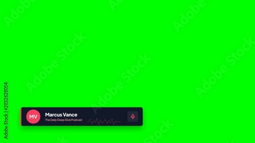 Dynamic podcast lower third graphic with animated audio waveform and microphone icon on a vibrant green screen background, symbolizing communication, broadcasting, and digital media production.