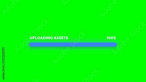 Dynamic progress bar animation with 'UPLOADING ASSETS' text and percentage completion on a vibrant green screen background, symbolizing data transfer, loading processes, and digital progress.