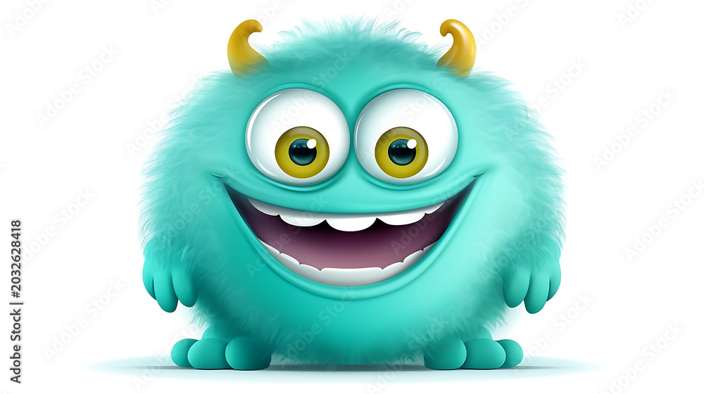 Naklejka premium Cheerful fluffy teal monster with big yellow eyes and horns smiling broadly.