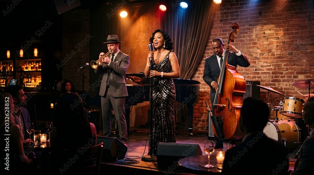 Fototapeta premium Live Jazz Performance Singer Musician Playing Instrument On Stage