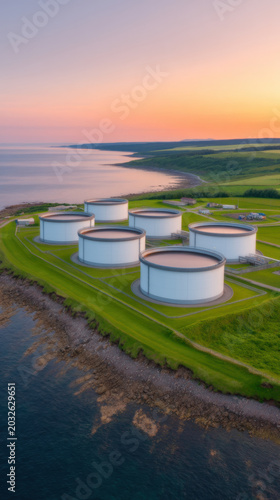 Green hydrogen economy aerial fuel storage tank coastal energy terminal at sunset beside calm sea and farmland with pastel sky and shoreline