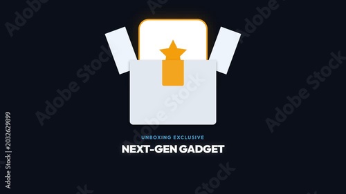 Animated Unboxing of a Glowing Gift Box Revealing a Star Icon, Pulsating Light Effects and Text 'Next-Gen Gadget', symbolizing discovery, reward, and new product launch.