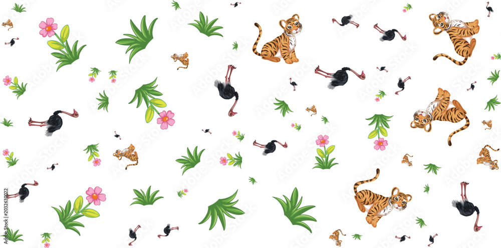 Fototapeta premium Floral animal pattern with tigers ostriches and plants on white background