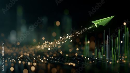 Green paper airplane soaring through digital landscape with glowing lights and bar graph suggesting growth and innovation.