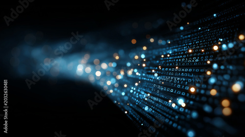 Abstract Digital Stream: A mesmerizing abstract digital stream flows with glowing blue and golden particles against a dark background, suggesting data transfer, technology, or futuristic concepts.