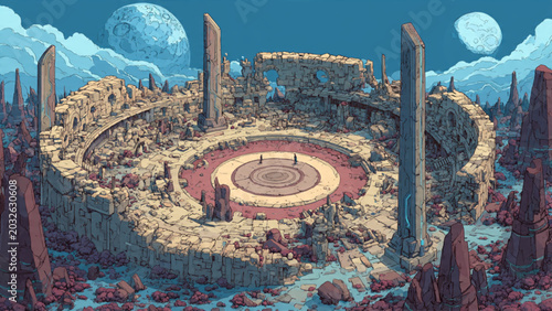 Foto Ancient circular stone arena with towering monoliths under a full moon at night