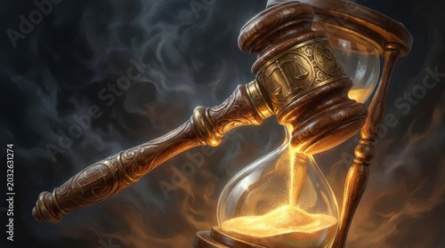 Justice and Time: A solemn gavel rests on an hourglass, its sand trickling down as a metaphor for the passage of time and the inevitability of judgment.