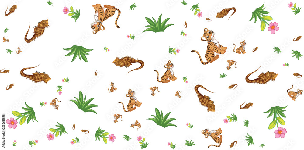 Obraz premium Tiger and floral pattern with green leaves on white background