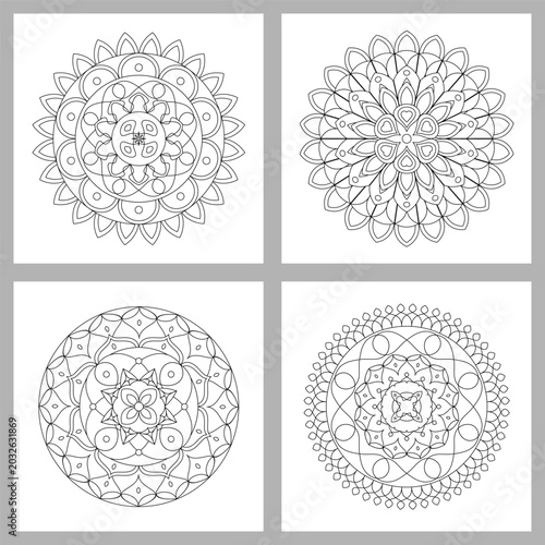 Asian floral mandalas set for adults coloring book. Vector ethnic circular ornaments. Black and white linear illustrations