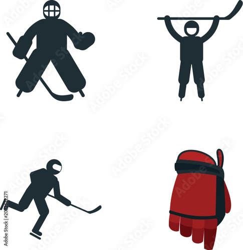 Photography Ice hockey player, goalie, and glove presenting sport equipment and action