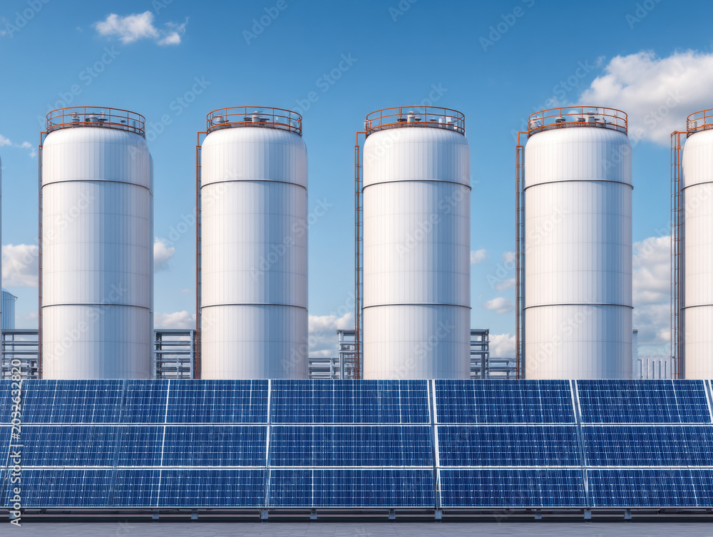 Fototapeta premium Green hydrogen economy industrial tank with solar panel at energy plant under blue sky promoting renewable power and clean fuel infrastructure