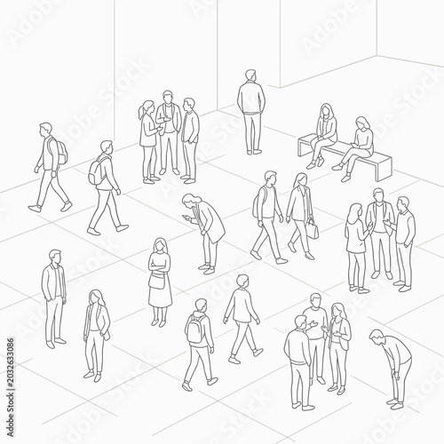Isometric line drawing of a diverse group of people interacting in various casual poses, illustrating urban lifestyle and social connection