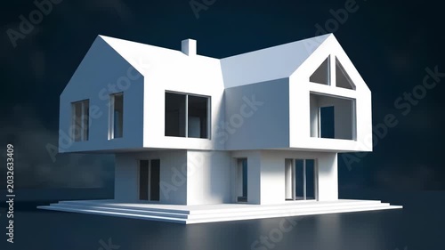 A modern house blueprint transforms into a complete 3D model. Architectural design evolves from concept to a tangible structure.