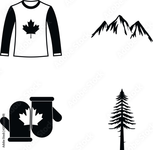 Canadian symbols illustrating a sweater, mittens, mountains, and a pine tree