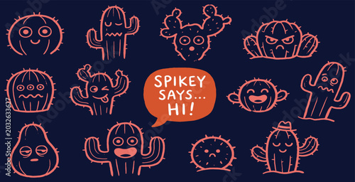 Schilderij op canvas A collection of cute and quirky cartoon cactus characters with various facial expressions and emotions, set against a dark blue background