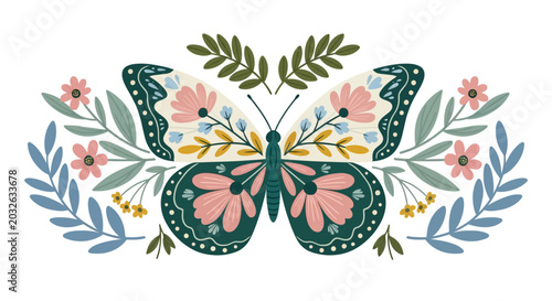 Canvastavla Floral Butterfly Vector, Pink Butterfly Illustration, Green Butterfly Clipart, 1