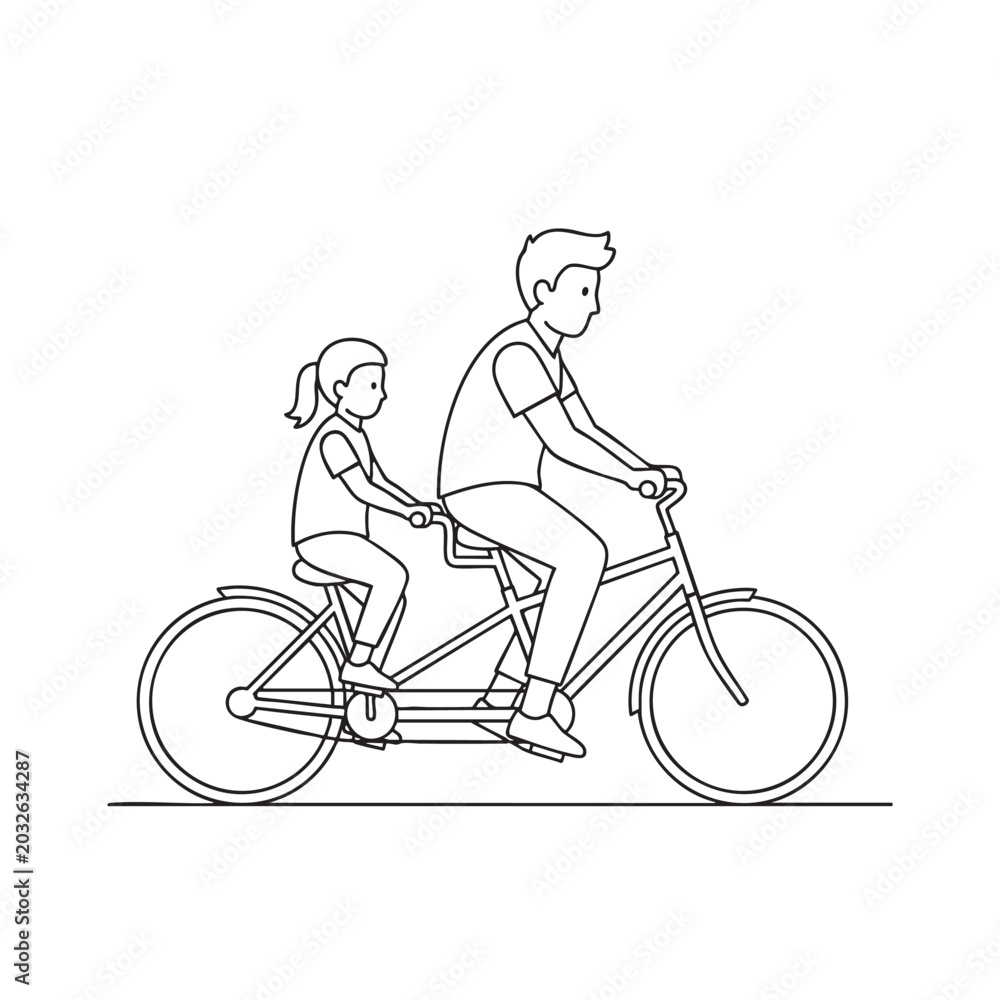 Obraz premium Father and daughter riding a tandem bicycle, outdoor family recreation