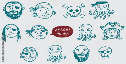 Konstfotografi Collection of hand-drawn pirate icons including skulls, octopuses, and various pirate characters with eye patches and bandanas