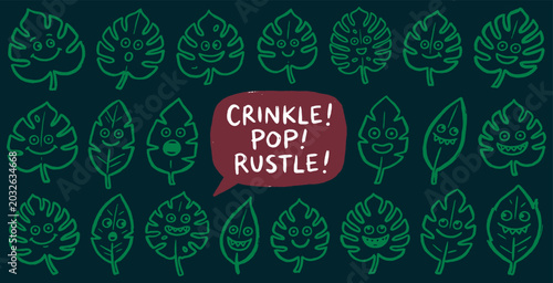 Slika na platnu Cute cartoon monstera leaves with funny faces and the text Crinkle! Pop! Rustle!