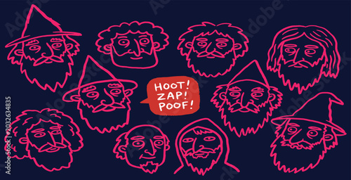 Canvas-taulu A whimsical collection of cartoon wizards and magical characters with a speech bubble saying Hoot! Zap! Poof!