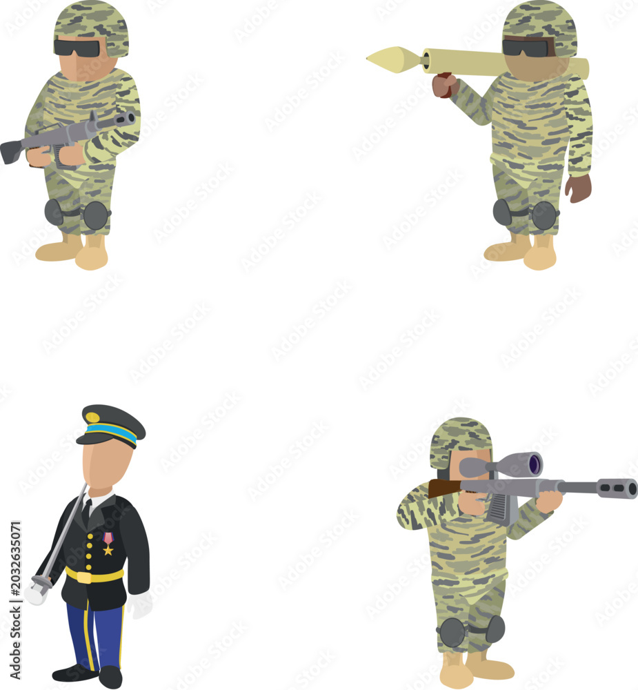 Fototapeta premium Different types of soldiers wearing combat camouflage and formal military uniforms