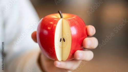 Close-up of a hand holding a fresh red apple with a slice removed