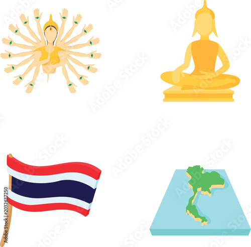 Bild auf Leinwand Thai flag, map, buddha statue, and bodhisattva icons representing thai concepts
