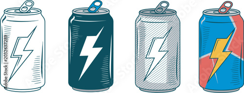 Foto Energy drink can icon lightning bolt symbols outline silhouette sketch color styles beverage branding concept vector illustration for sports nutrition and energetic lifestyle design